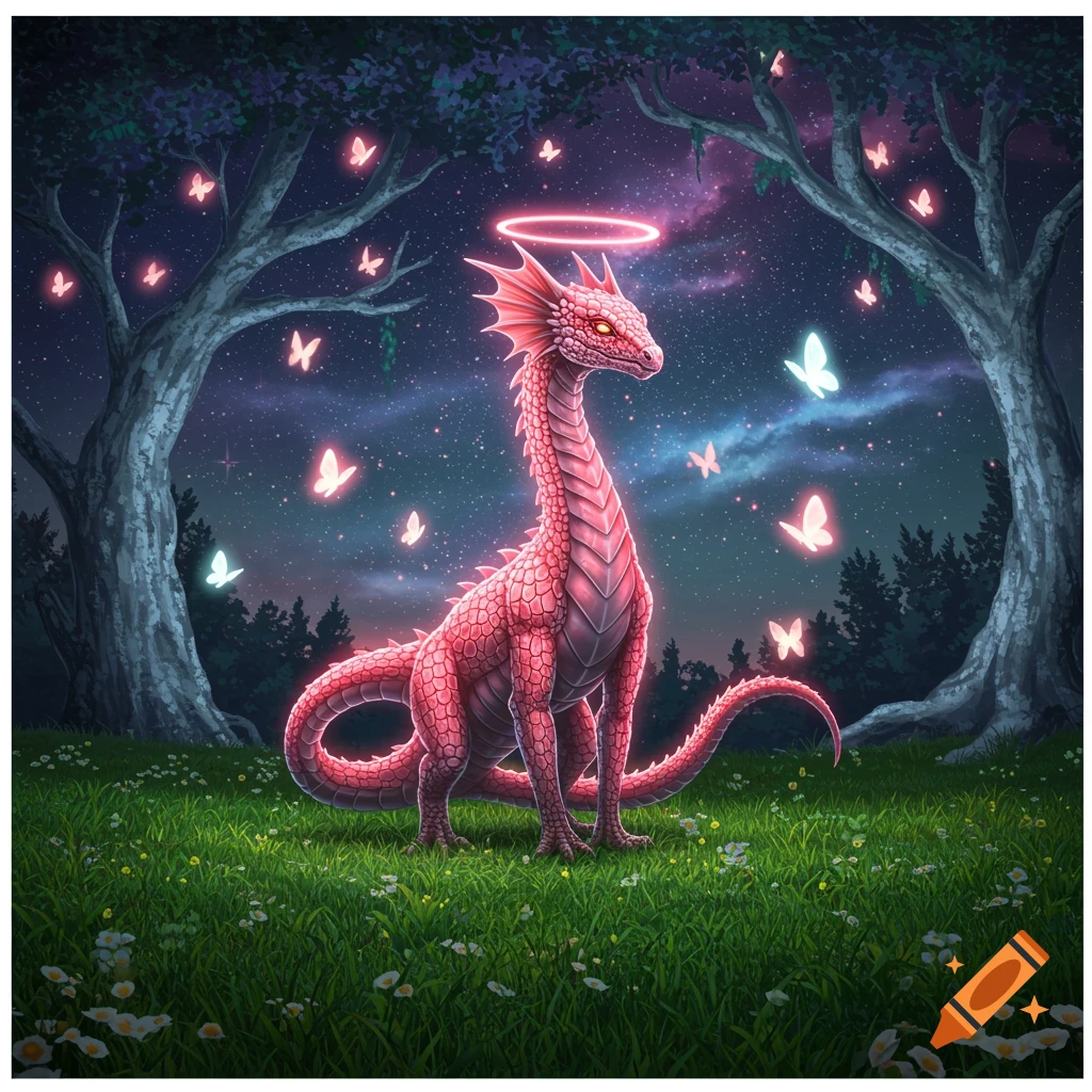 A glowing pink dragon with a halo stands in a magical forest at night, surrounded by luminous butterflies and stars.