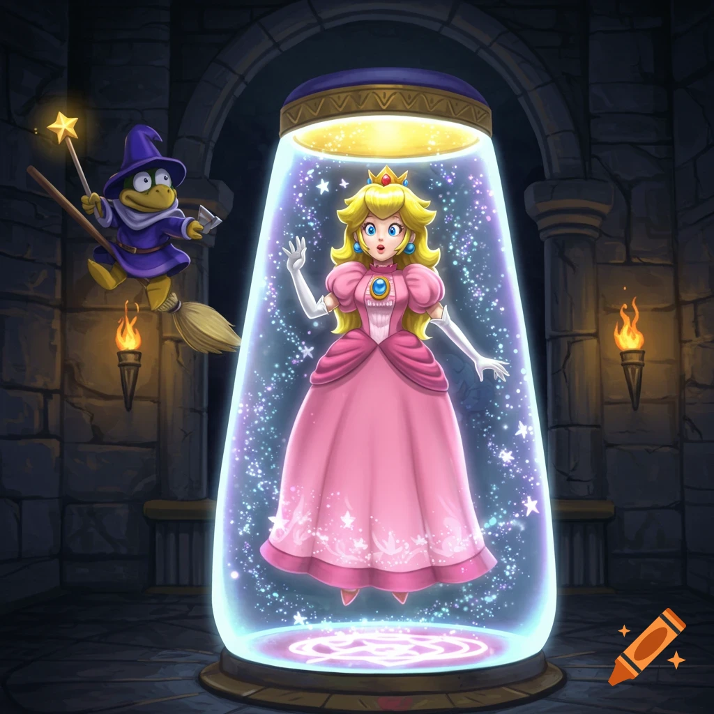 Princess Peach floats in a glowing stasis field as Kamek flies nearby on a broomstick in a dark dungeon.