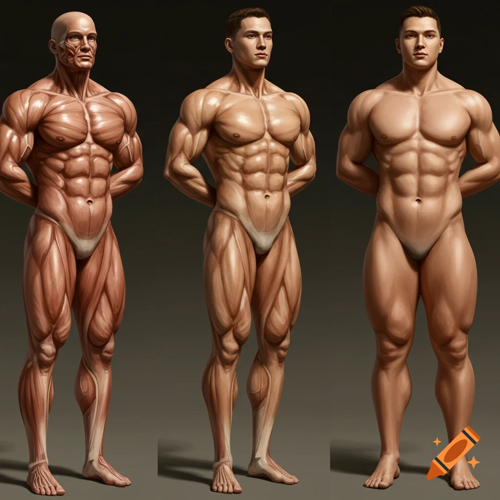Three muscular male figures displaying different body compositions and anatomical detail, against a dark background.