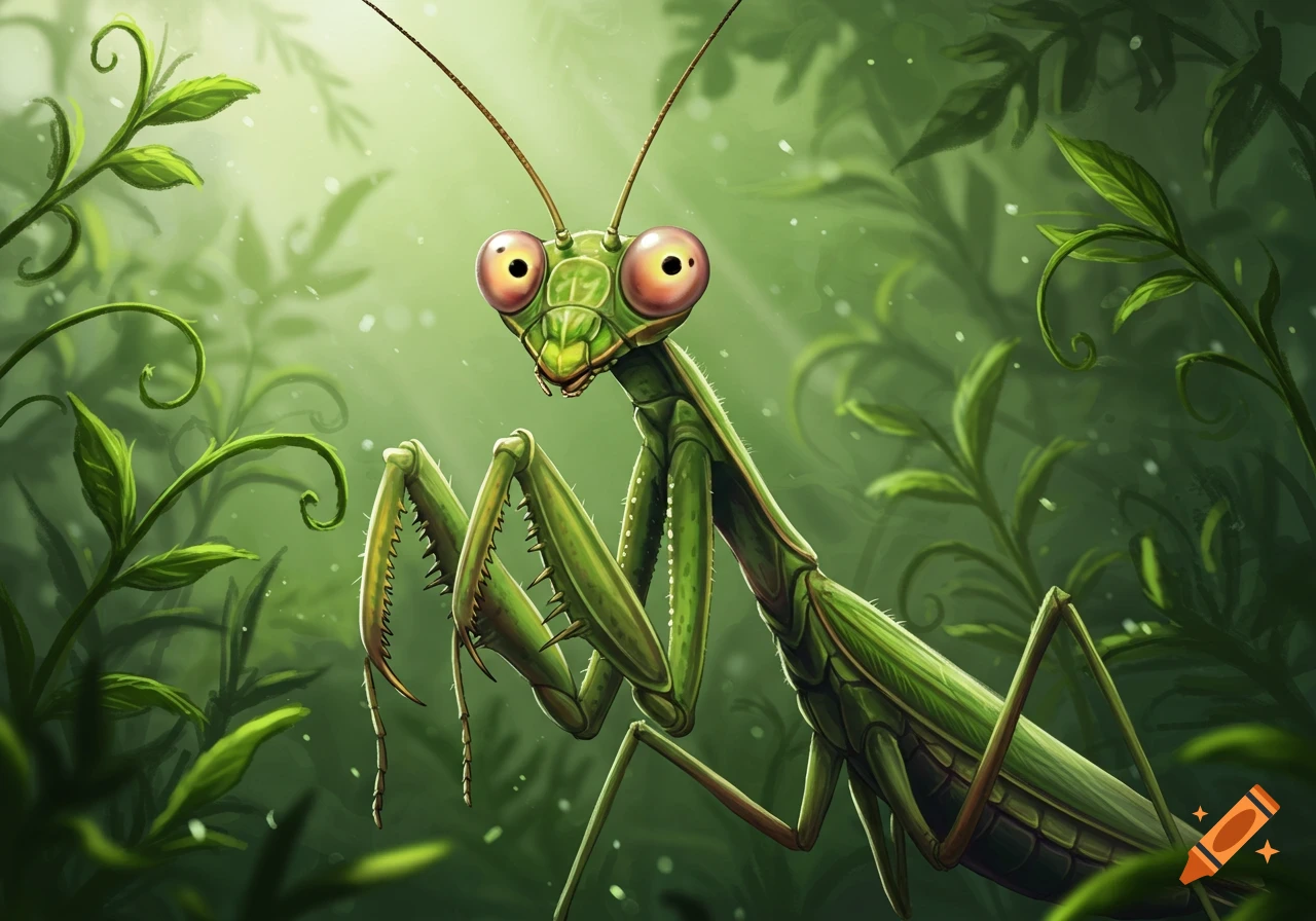 A cartoonish green praying mantis with wide, surprised eyes looks forward amidst lush green foliage.