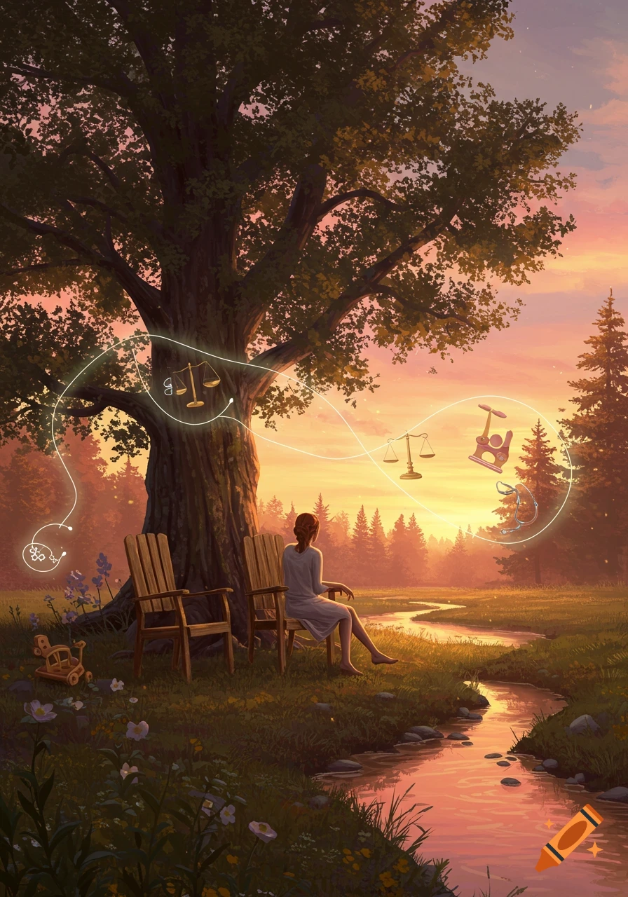 A woman sits under a large tree at dusk by a stream. Glowing lines connect her to floating symbolic objects in a dreamlike illustration.