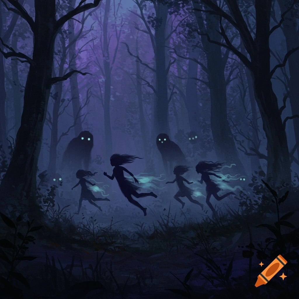 Silhouettes of girls run through a dark, purple-hued forest, pursued by shadowy creatures with glowing eyes.