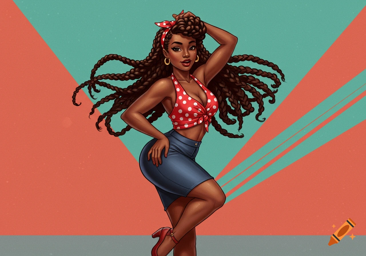 Pin-up style illustration of an African American woman with long braids, wearing a red polka dot top and blue skirt, posing against a geometric background.