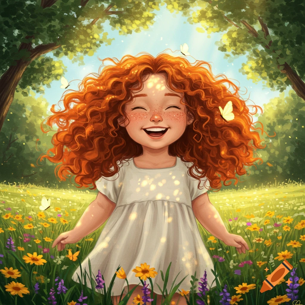 A whimsical illustration of a joyful little redhead girl with freckles laughing in a sun-dappled field of colorful wildflowers.