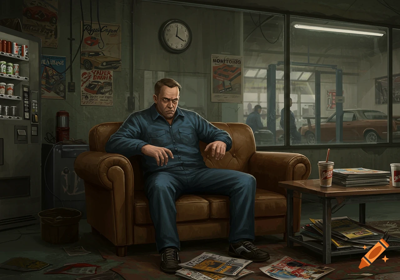 An illustrated man with a frustrated expression sits in a brown armchair in a dimly lit auto shop waiting room.