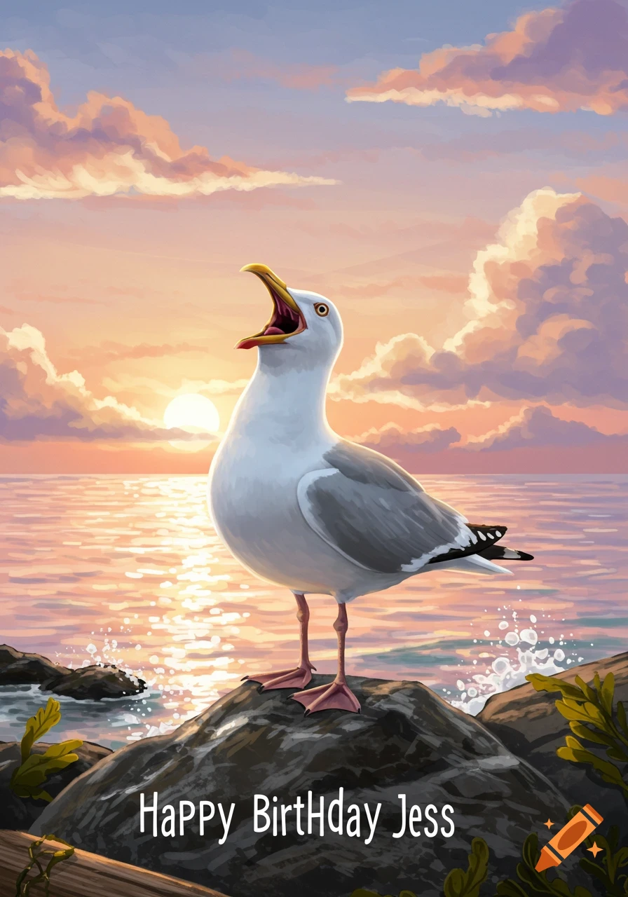 A white seagull with a yellow beak shouts 'Happy Birthday Jess' from a rock overlooking a sunset ocean.