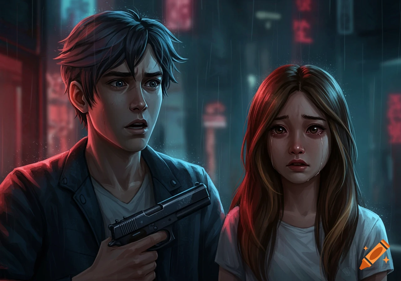 An emotional young man holds a gun next to a crying young woman in a rainy neon city street, in an anime art style.