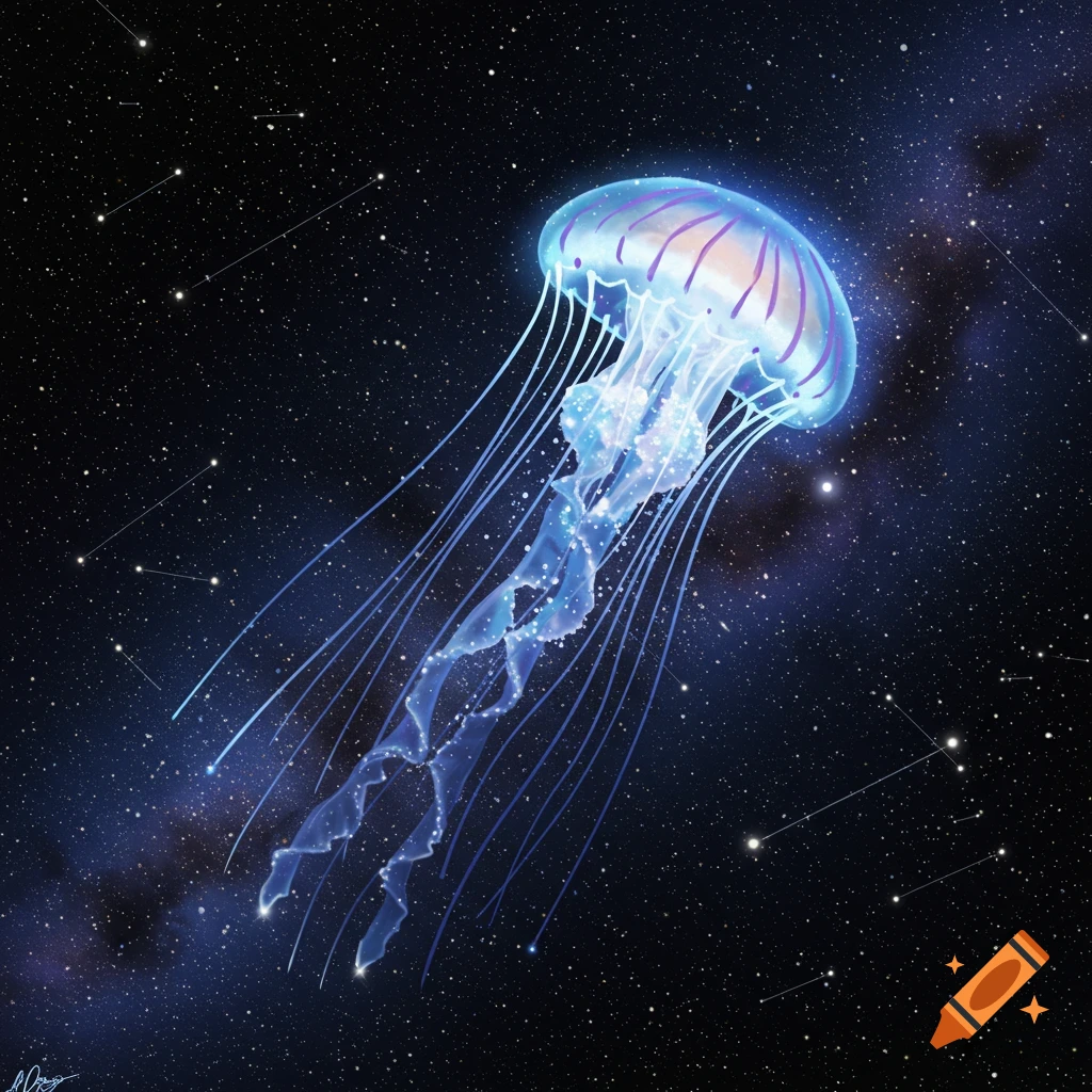 A translucent, glowing blue and purple jellyfish with long tendrils floats through a dark, star-filled cosmic space.