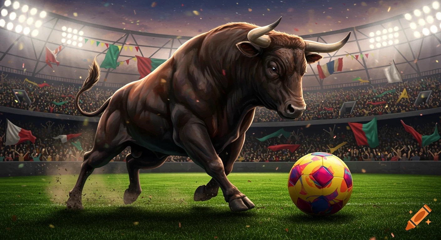 A large brown bull runs on a green soccer field in a packed stadium, approaching a colorful soccer ball.