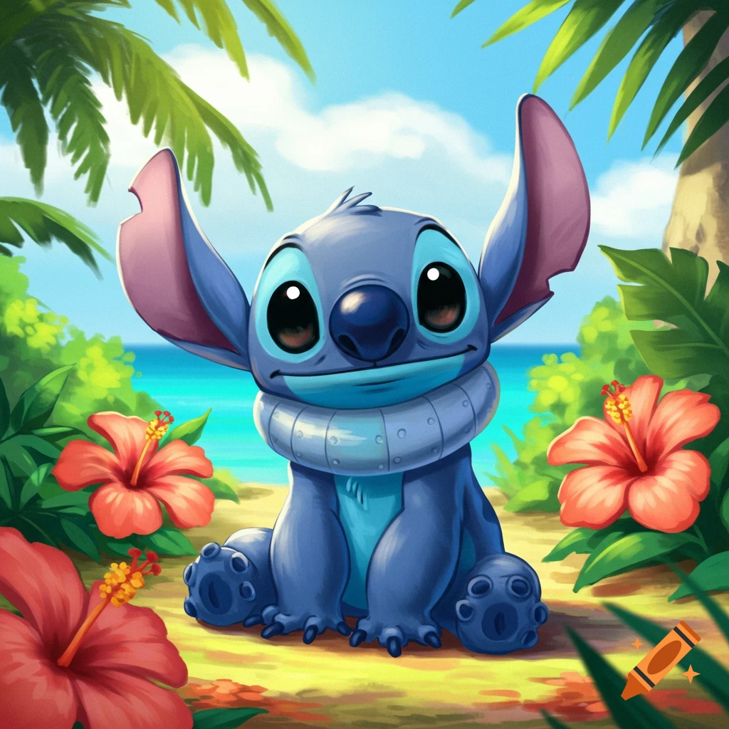 A cute cartoon Stitch sits smiling on a tropical beach with red hibiscus flowers and palm trees, vibrant digital art.