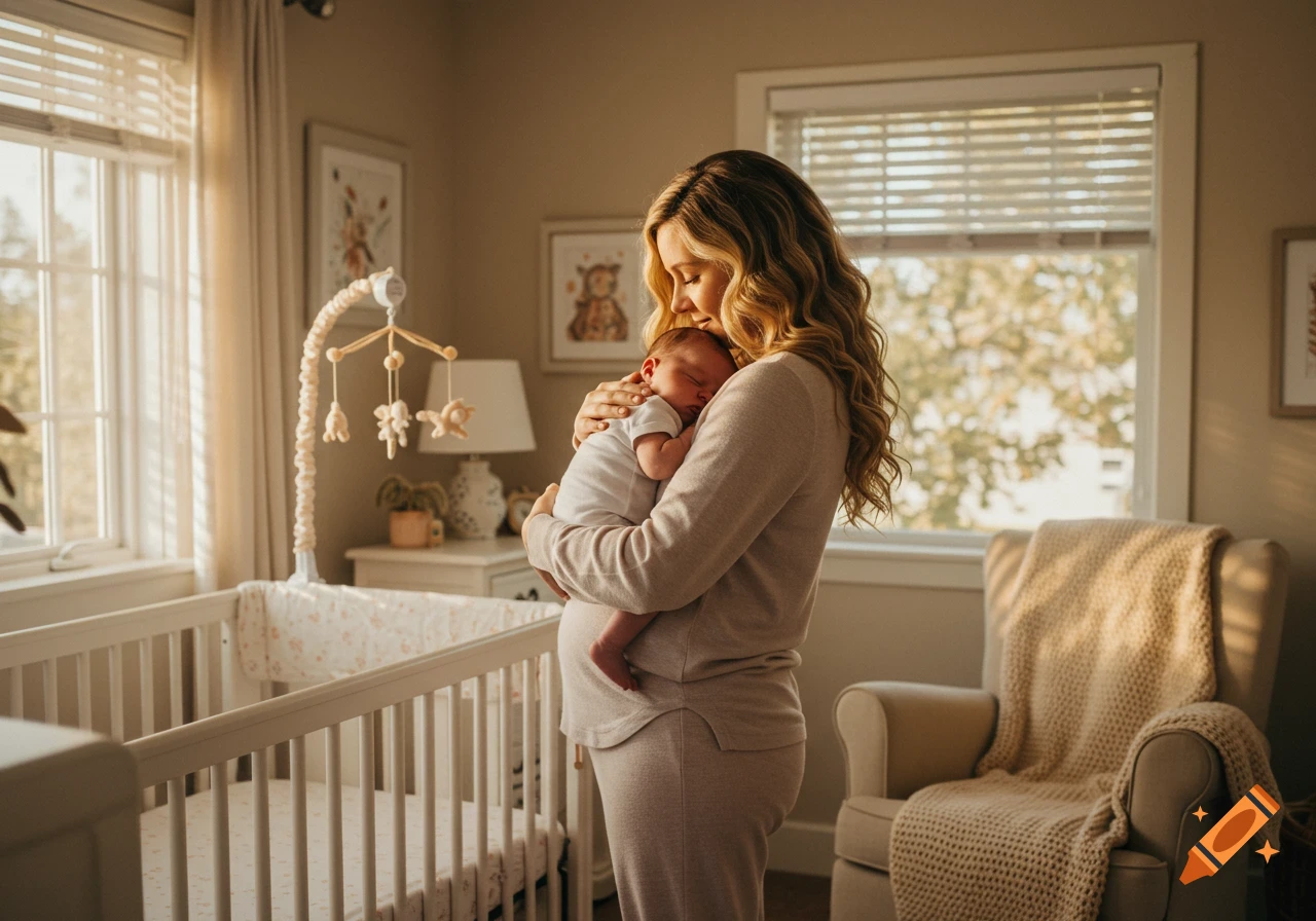 A new mother with wavy hair in loungewear holds her sleeping baby in a warm, sunlit nursery.