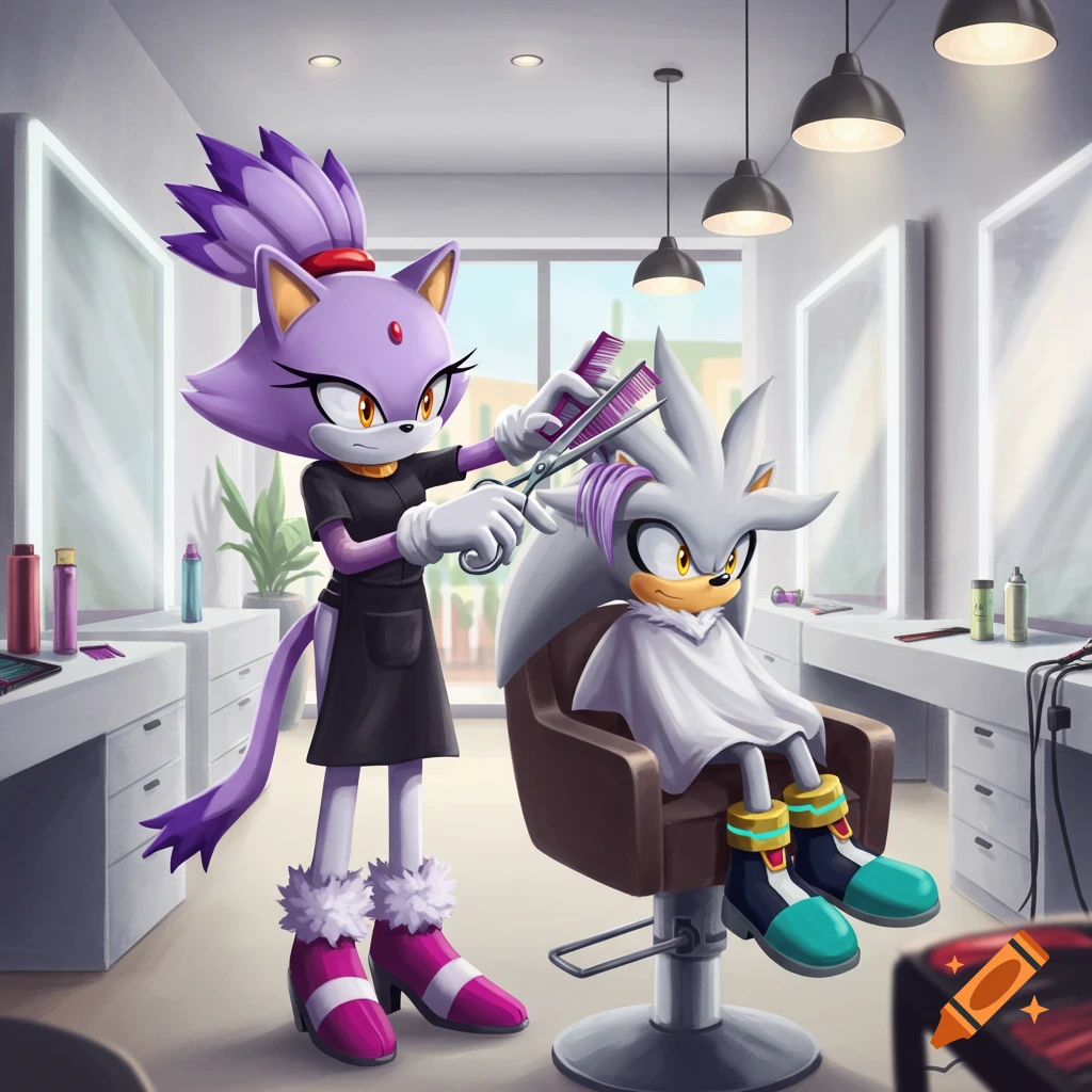 Blaze the Cat cuts Silver the Hedgehog's hair in a brightly lit salon.