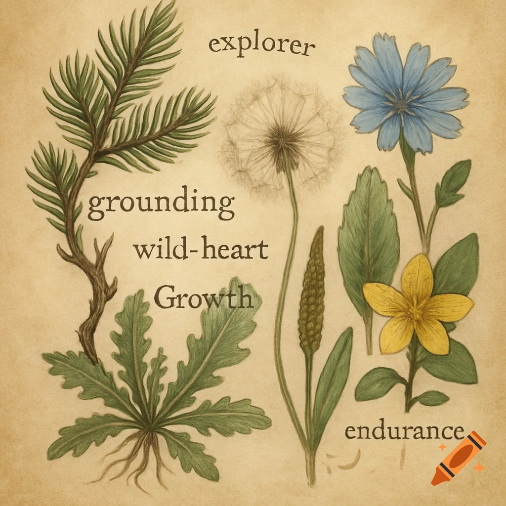 A whimsical botanical illustration on aged paper shows a pine branch with "grounding," a dandelion with "wild-heart" and "Growth," a chicory plant with "endurance," and other plants, with "explorer" subtly placed.