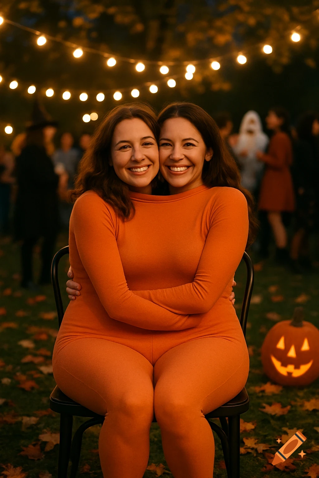 Two smiling women in orange bodysuits, appearing conjoined, sit at an outdoor Halloween party with string lights and a jack-o'-lantern.