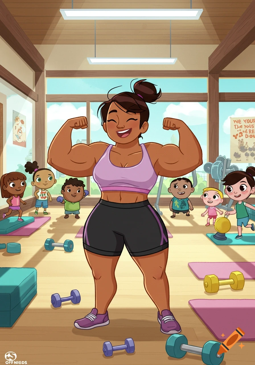 A strong woman with a ponytail flexes her biceps in a cartoon gym, surrounded by smiling children and weights.