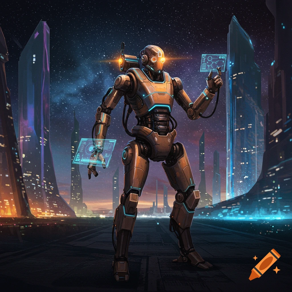 A detailed utility robot stands in a futuristic city at night, holding two glowing holographic screens displaying data.