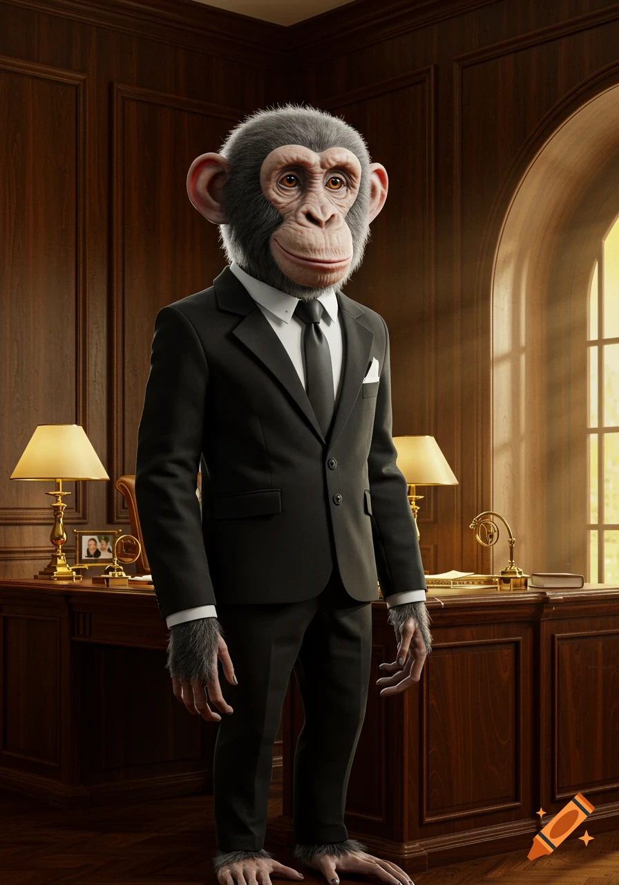 A photorealistic chimpanzee in a black suit and tie stands in a wood-paneled office.