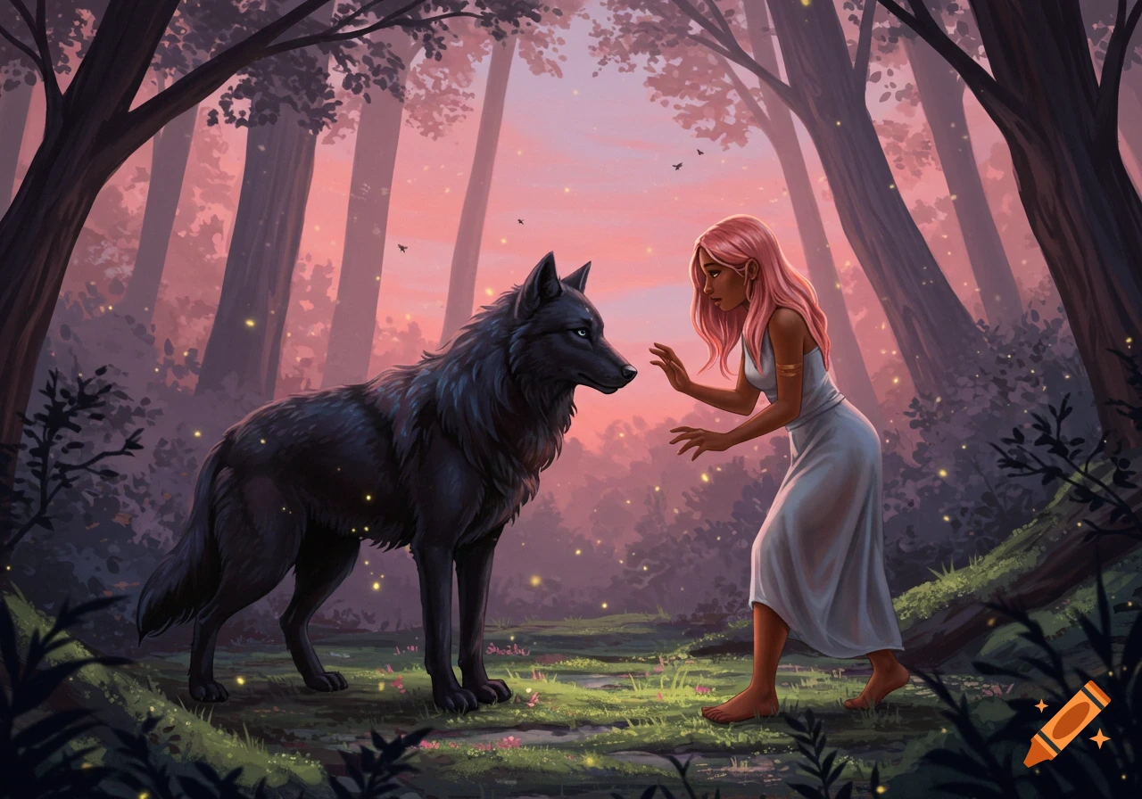 An illustrated fantasy scene of a woman with pink hair reaching towards a black wolf in a glowing, twilight forest.
