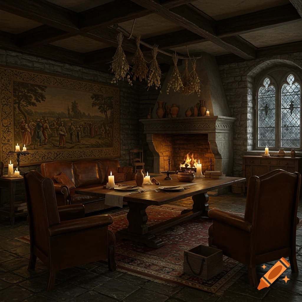 A warm, candlelit medieval living room with a large stone fireplace, a long wooden dining table, and leather sofas.