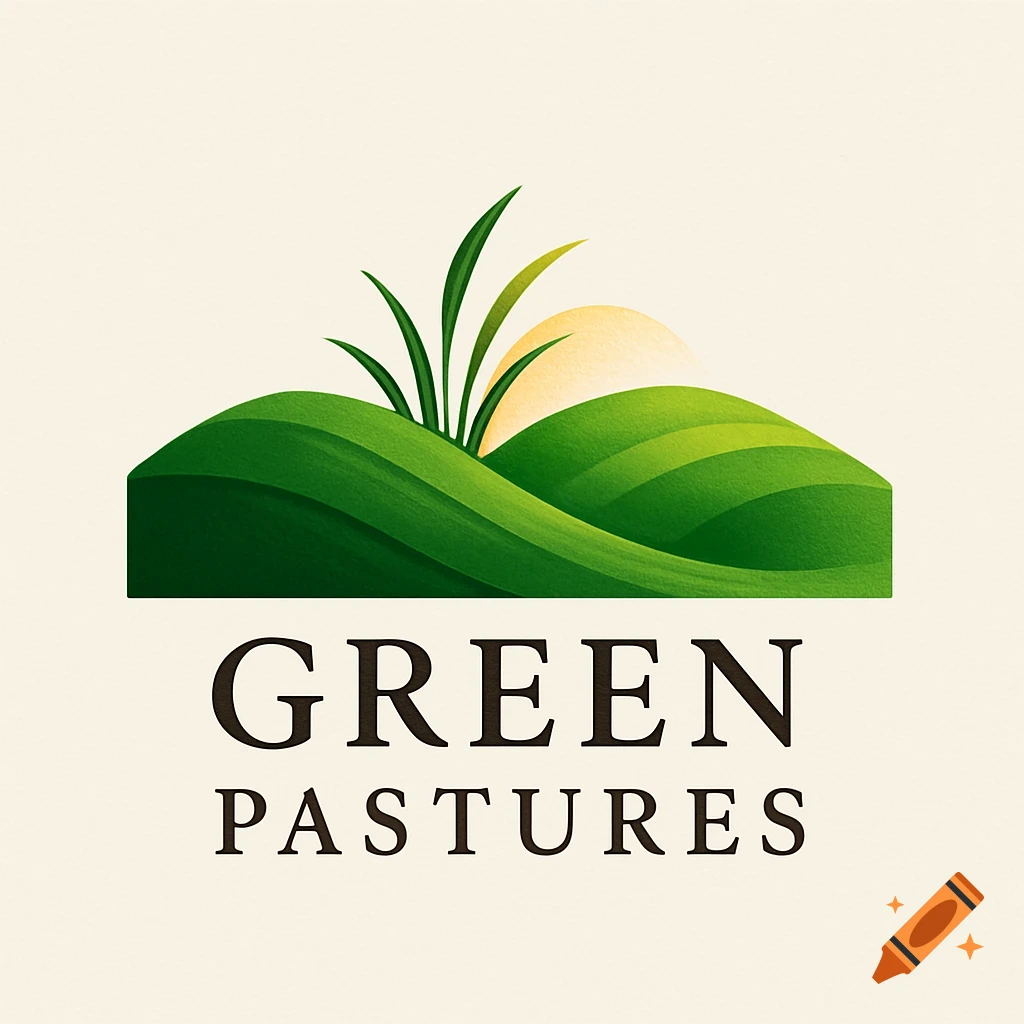 A logo featuring green rolling hills, blades of grass, and a rising sun, with the text 'GREEN PASTURES' below.