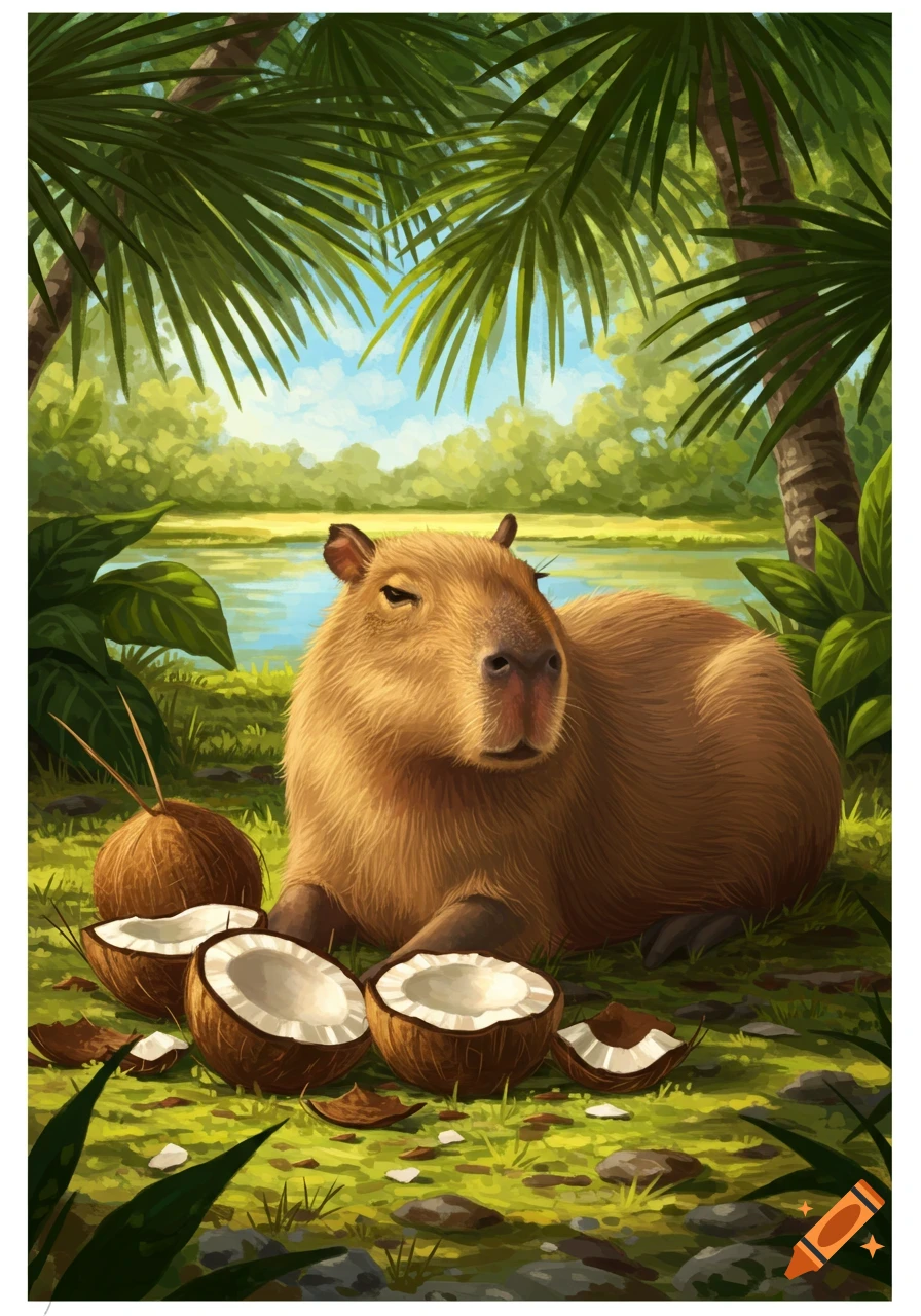 A large, furry capybara lies on green grass next to a lake, surrounded by cracked coconuts and palm trees in an illustrated style.
