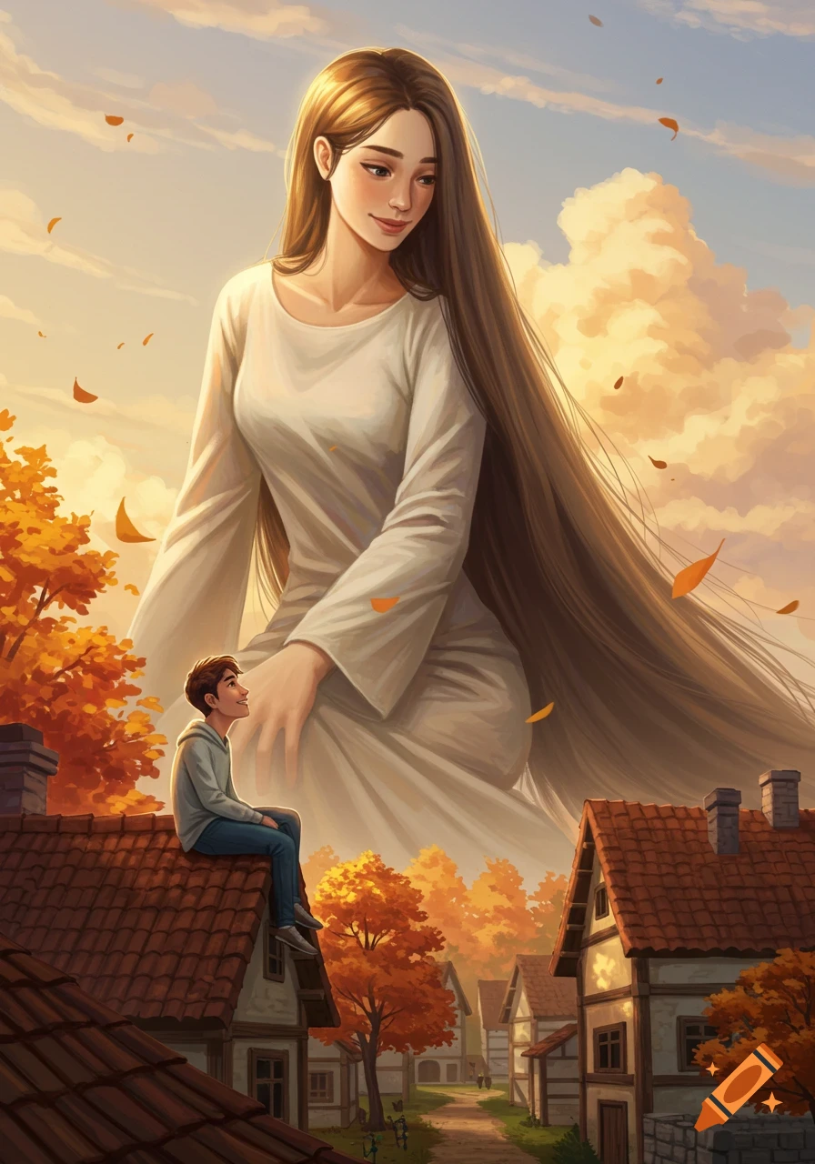 A giant woman with long hair gazes down at a small boy sitting on a village rooftop surrounded by autumn trees.