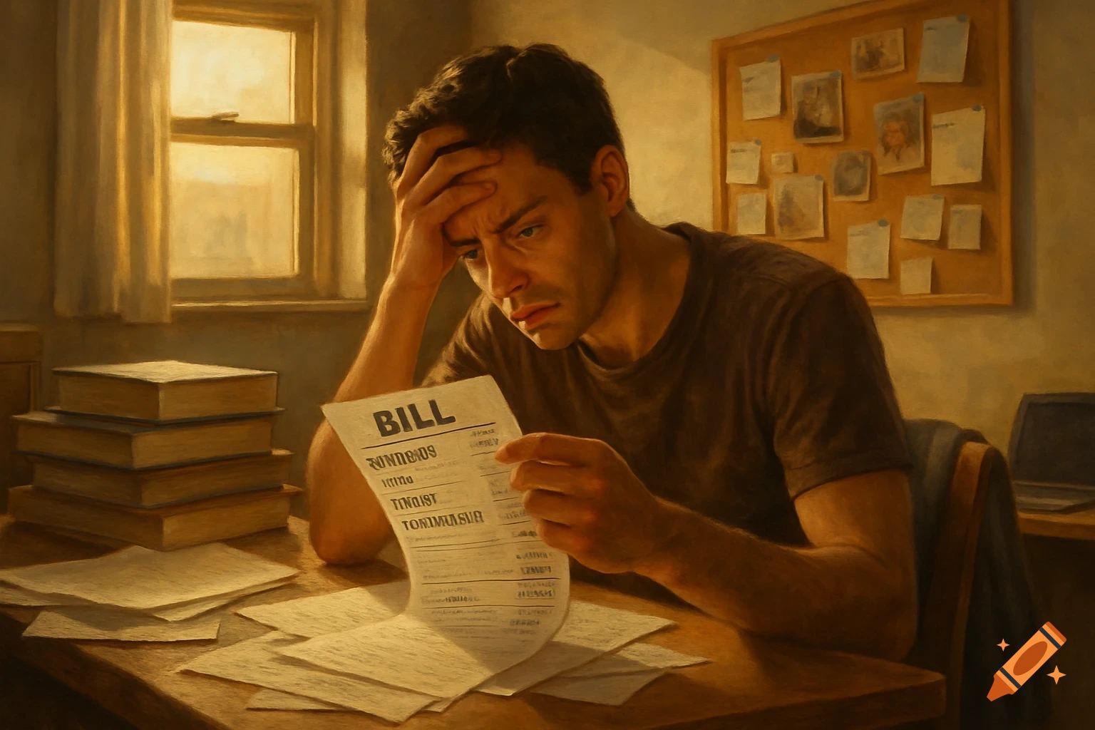 A distressed young man holds a bill in a dimly lit room, surrounded by books and papers.