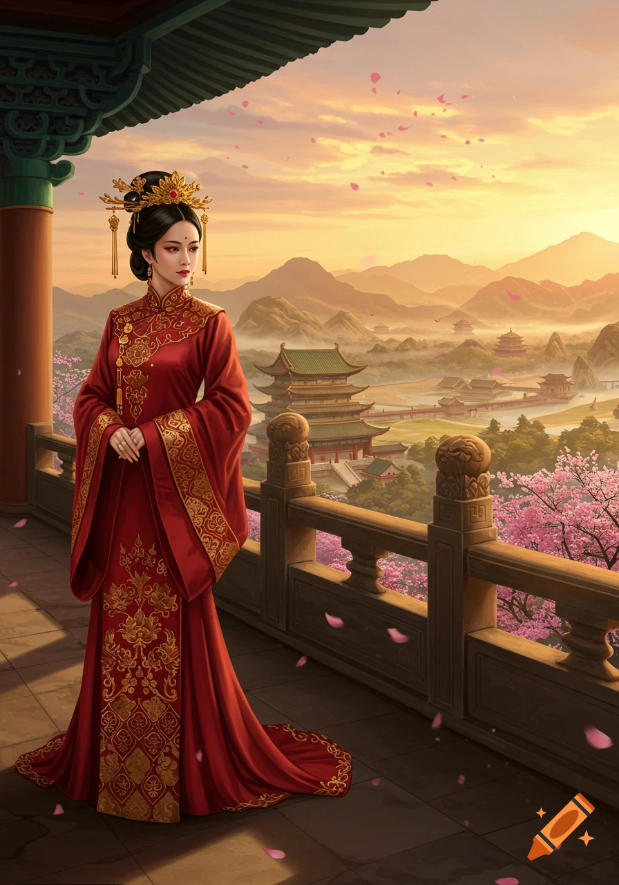 A woman in a red and gold traditional Chinese dress stands on a balcony overlooking a valley with ancient buildings and mountains at sunset.