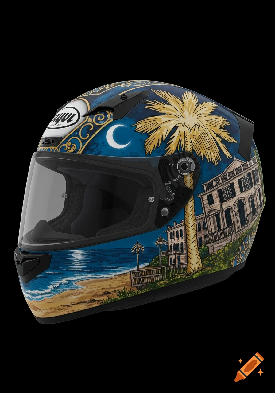 A detailed motorcycle helmet with a South Carolina themed design featuring a palmetto tree, crescent moon, beach, and a grand house.