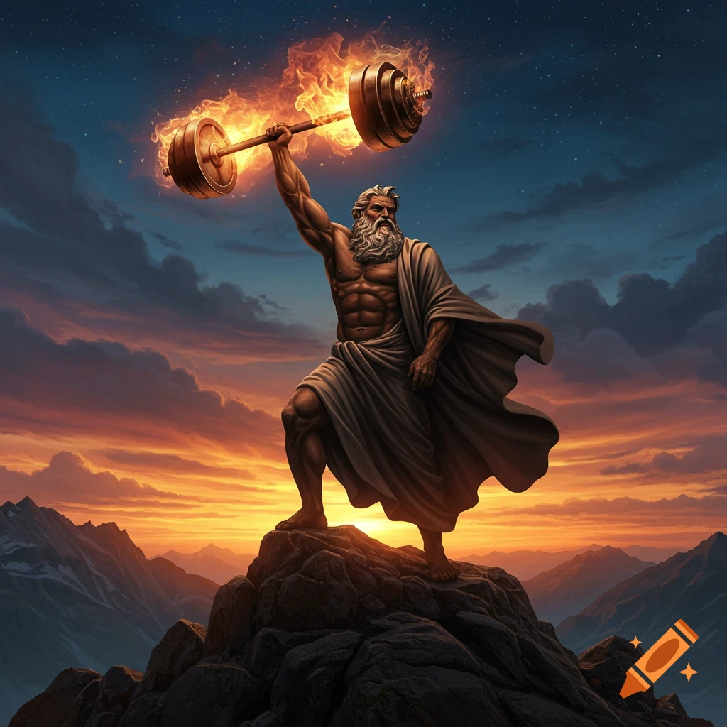 A strong, bearded man resembling Moses stands atop a mountain at sunset, holding a flaming barbell over his head.