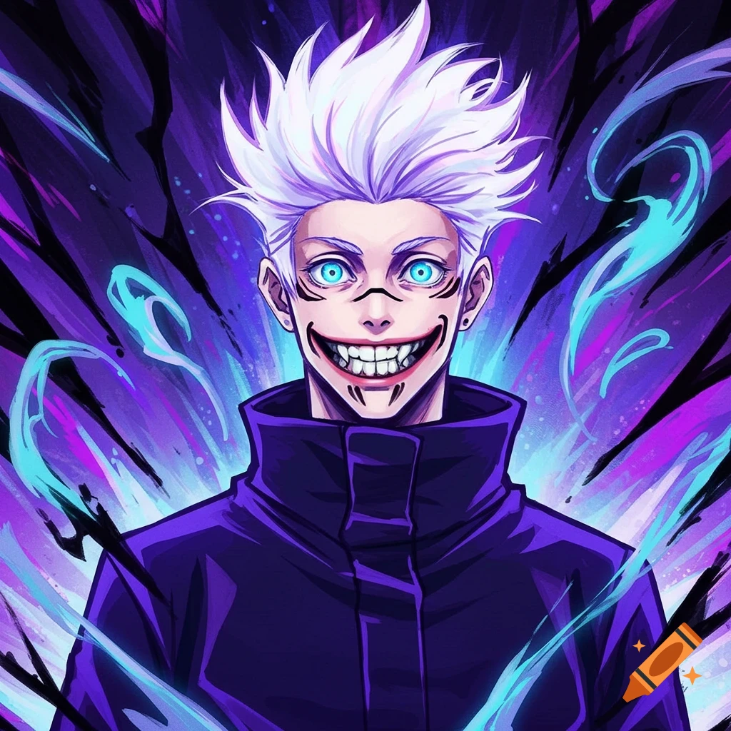 Anime character with white spiky hair and glowing blue eyes, sporting a wide, unsettling grin against a vibrant purple and blue background.