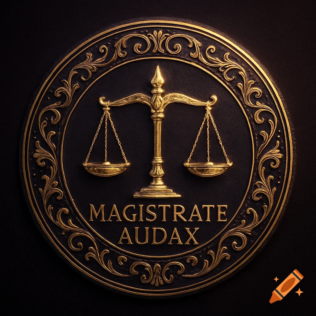 A golden and black seal featuring scales of justice and the text 'MAGISTRATE AUDAX' with ornate filigree.