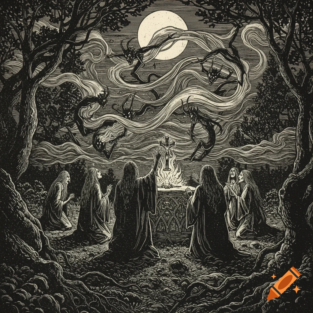 Woodcut of witches performing a ritual under a full moon, summoning horned devils above a burning crucifix.