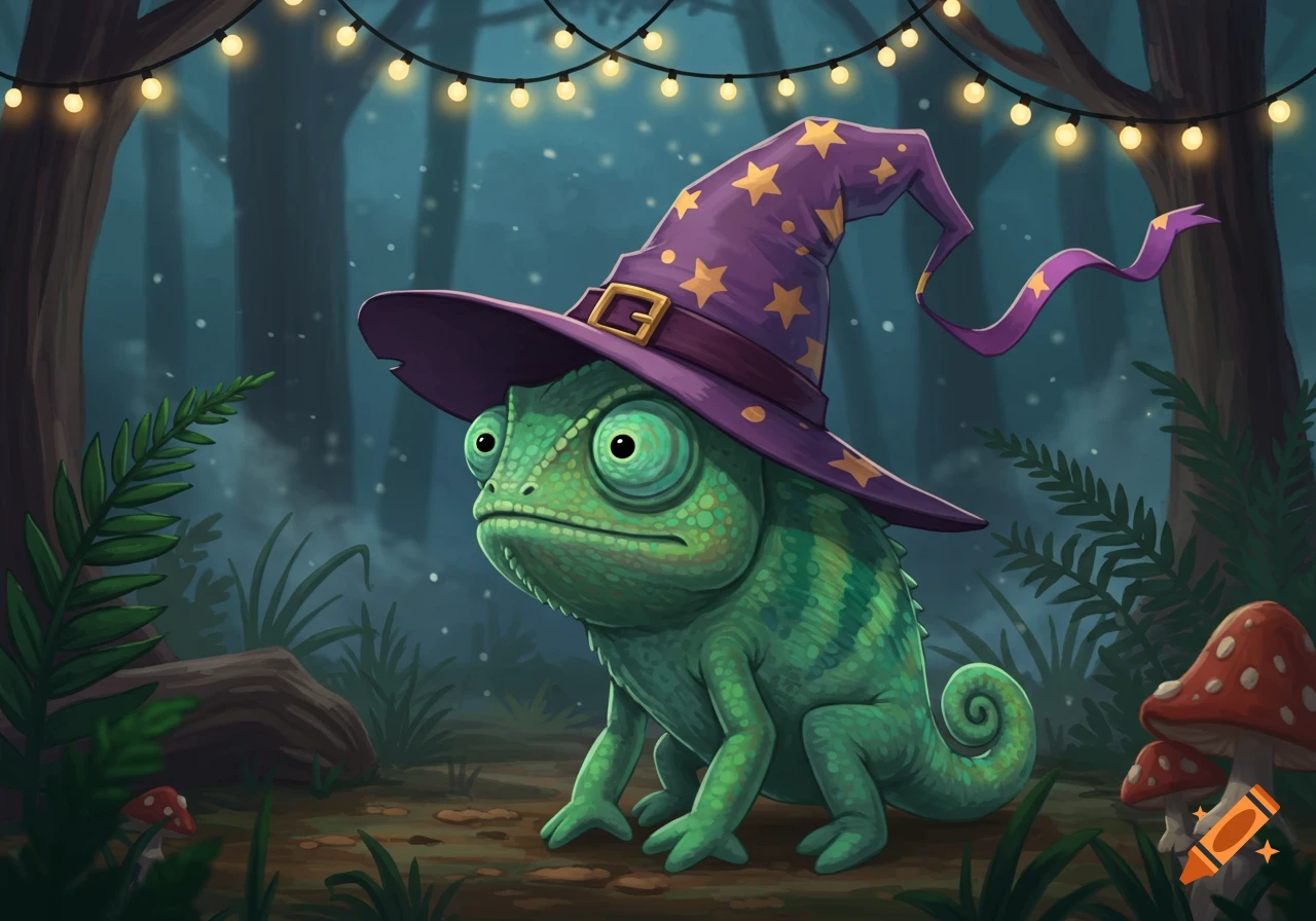 A cartoon chameleon wearing a purple witch's hat with yellow stars, standing in a magical forest with string lights.