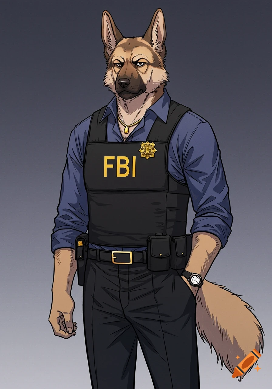 An anthropomorphic German Shepherd man, dressed in an FBI vest over a blue shirt and black slacks, with a gold chain and watch, in a serious manhwa art style.