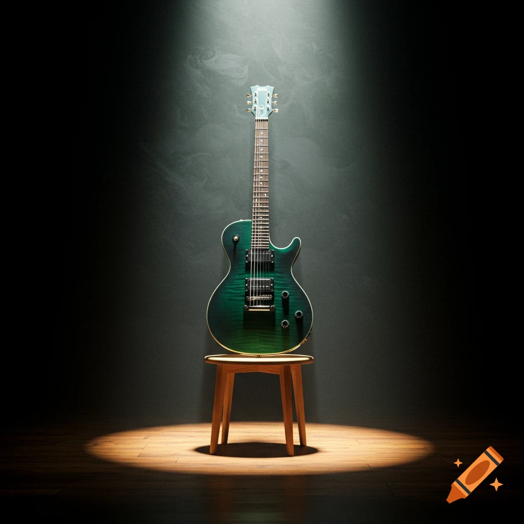 A vibrant green-to-blue electric guitar stands on a wooden stool, illuminated by a spotlight on a dark stage.