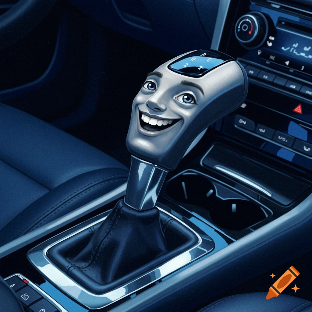A photorealistic image of a car's interior, focusing on the gear shift which has a smiling human face on it.