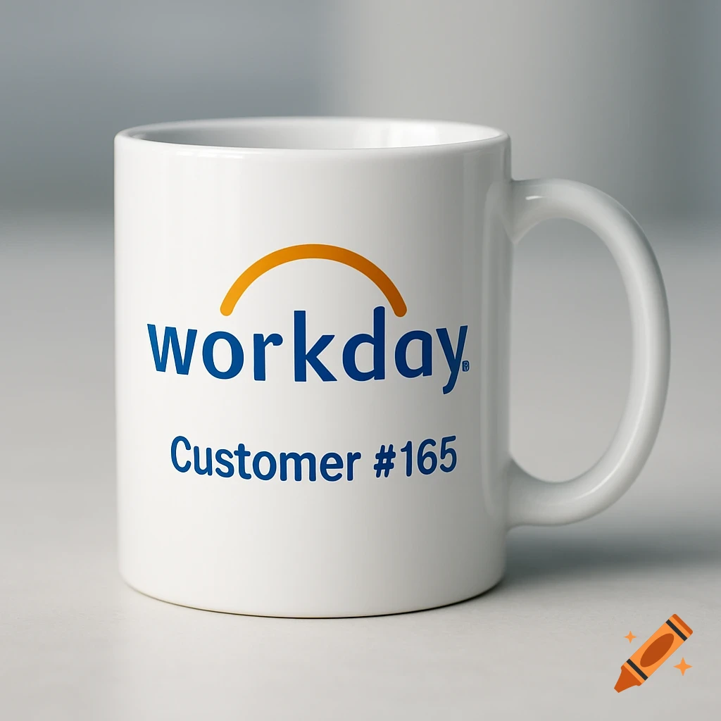 Photorealistic white ceramic coffee mug with the blue Workday logo and 'Customer #165' text.