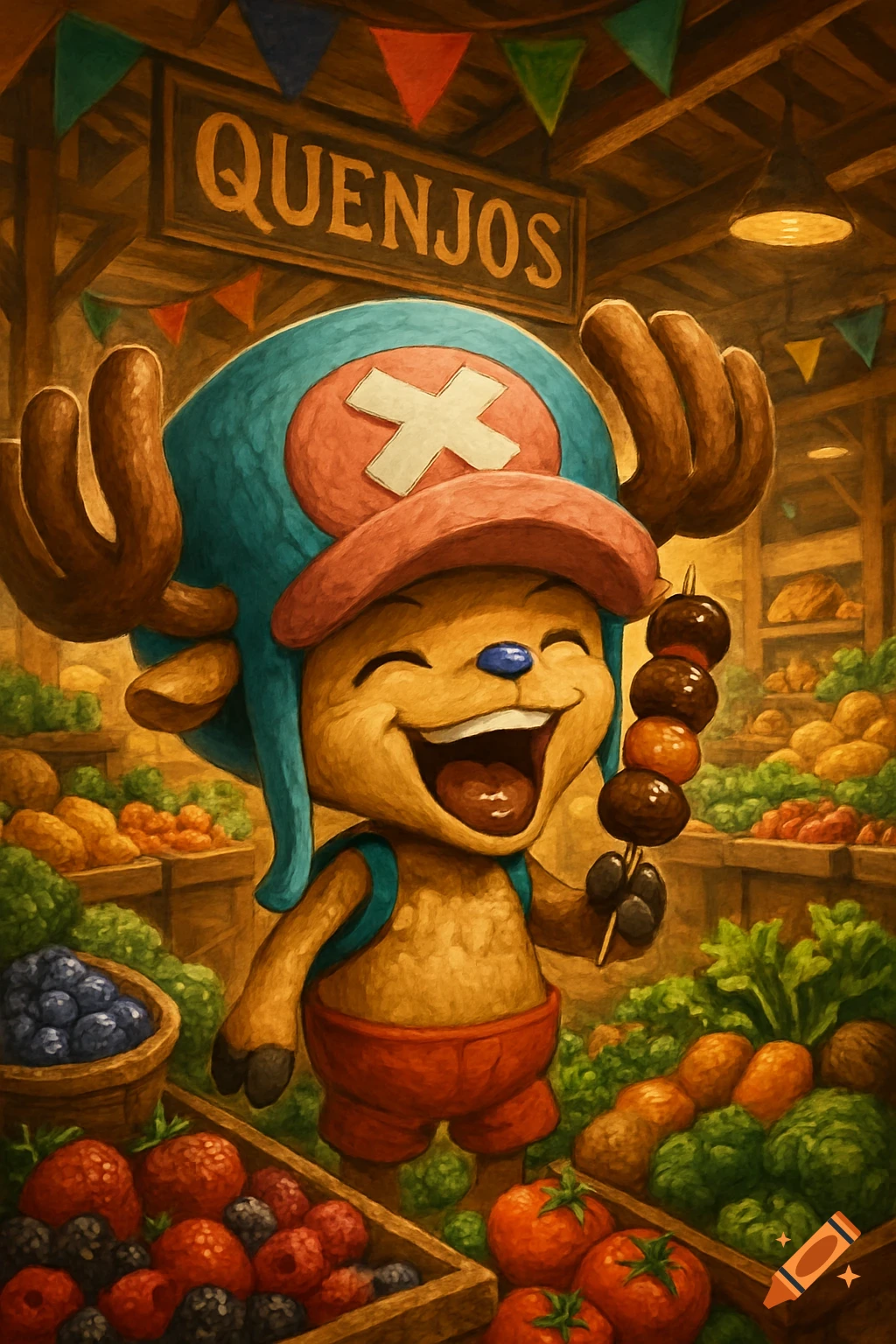 Tony Tony Chopper from One Piece smiles while holding a skewer of chocolate-covered fruit at an indoor farmer's market with a 'QUENJOS' sign.