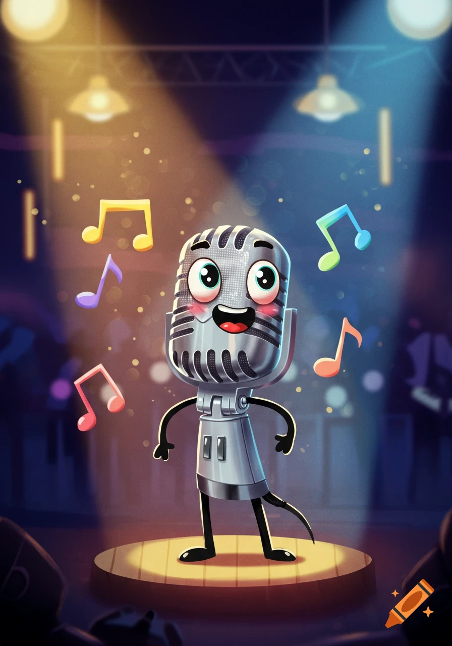 A cute cartoon microphone character with big eyes and a happy expression stands on a spotlighted stage, surrounded by colorful musical notes.
