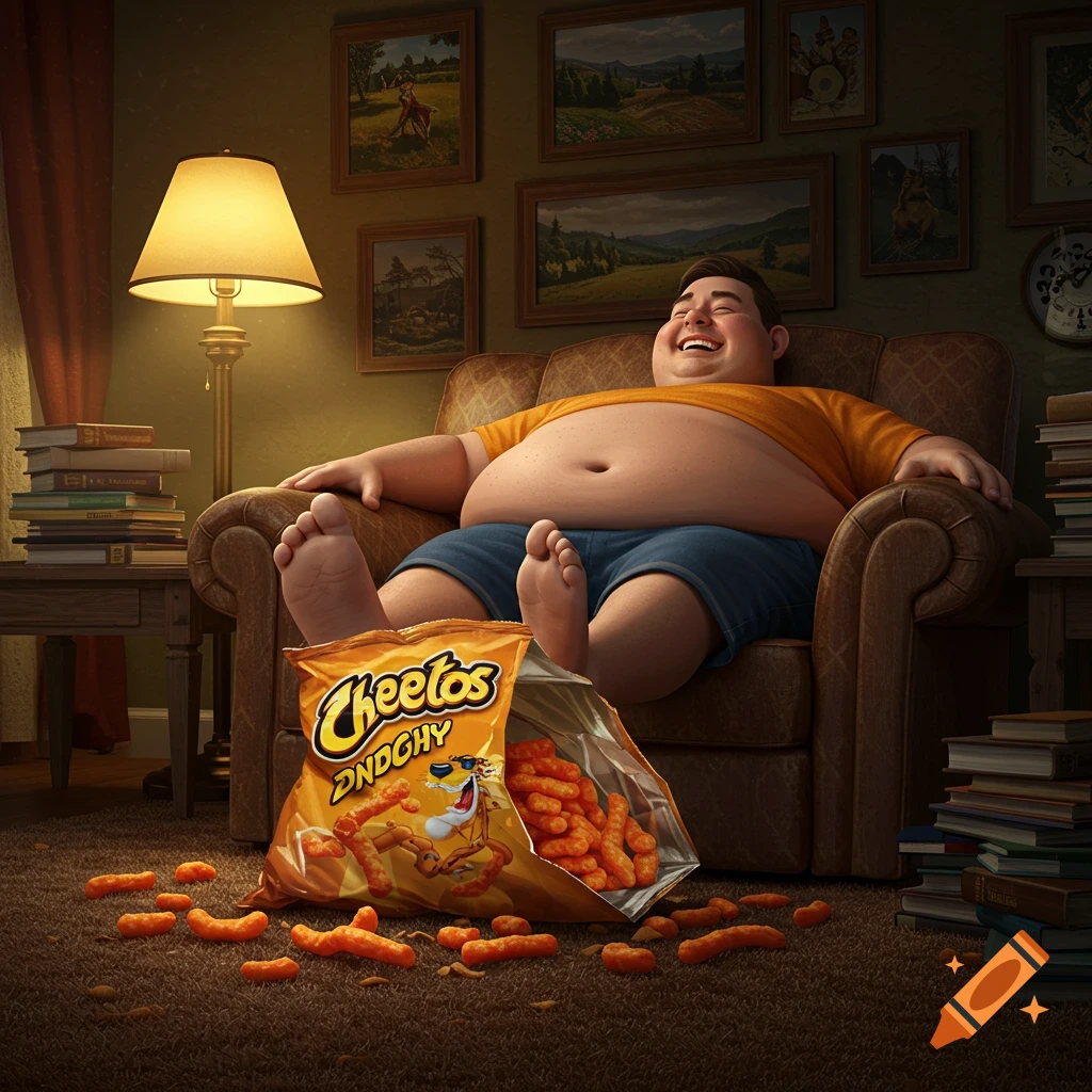 A cartoonish, overweight man happily relaxes in an armchair with his feet in a bag of Cheetos, some spilled on the floor in a warm, detailed room.