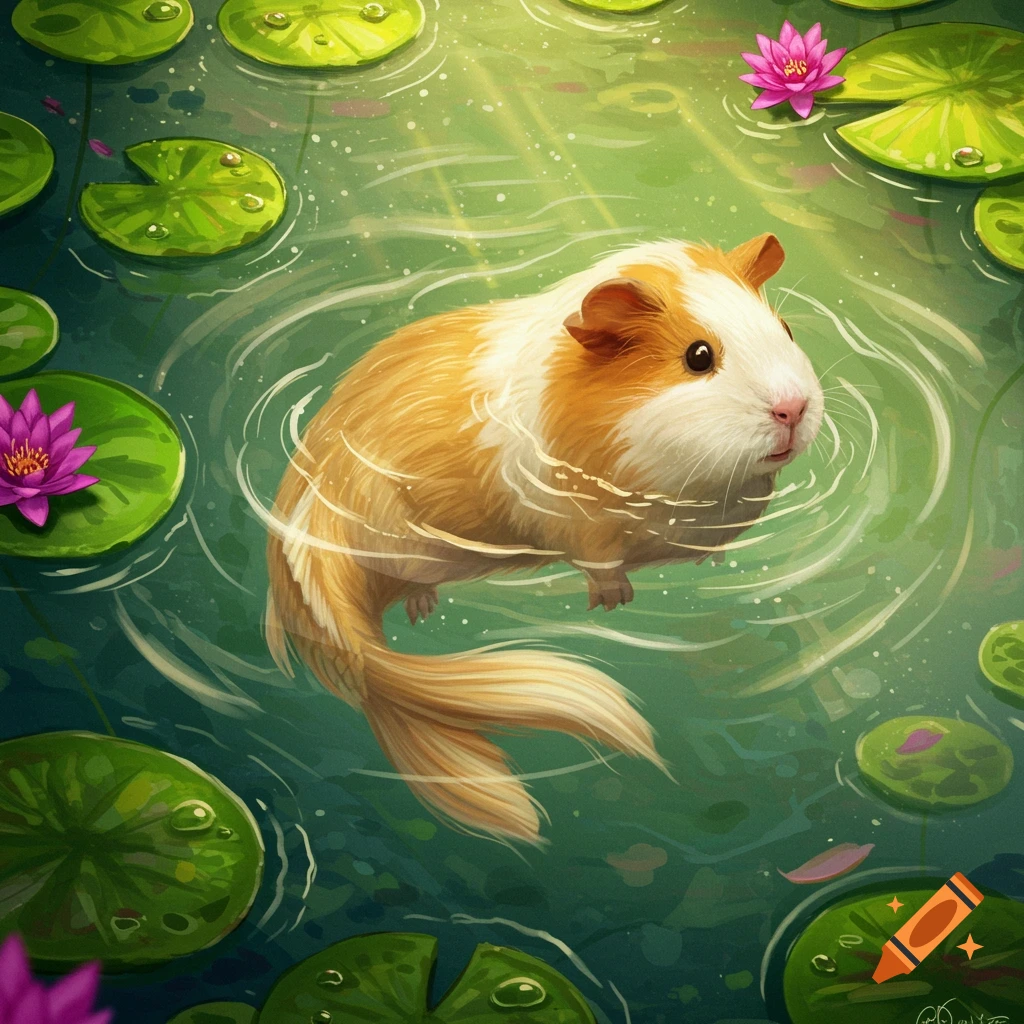 A cute guinea pig with a koi fish tail swims in a green pond with lily pads and pink water lilies, illustrated.