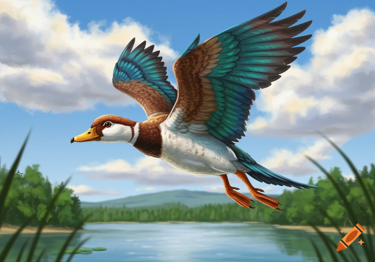 A colorful bird with teal and brown wings flies over a calm lake surrounded by green trees under a blue sky.