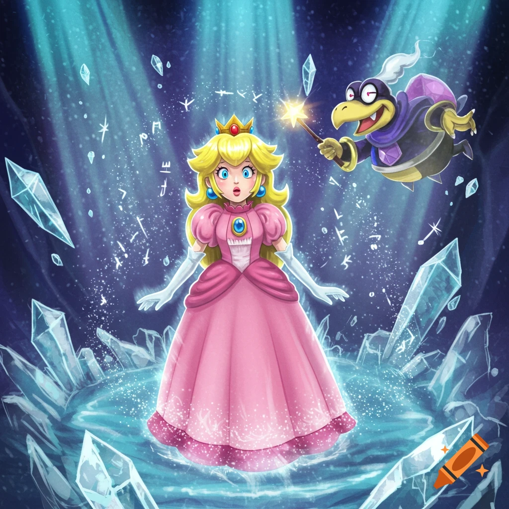 Cartoon illustration of Princess Peach looking surprised as Kamek casts a magic spell, surrounded by ice crystals and glowing blue energy.
