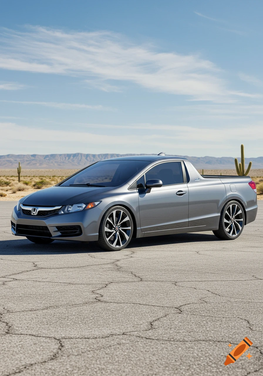 A silver Honda Civic modified into a pickup truck drives on an asphalt road in a desert landscape under a clear sky.