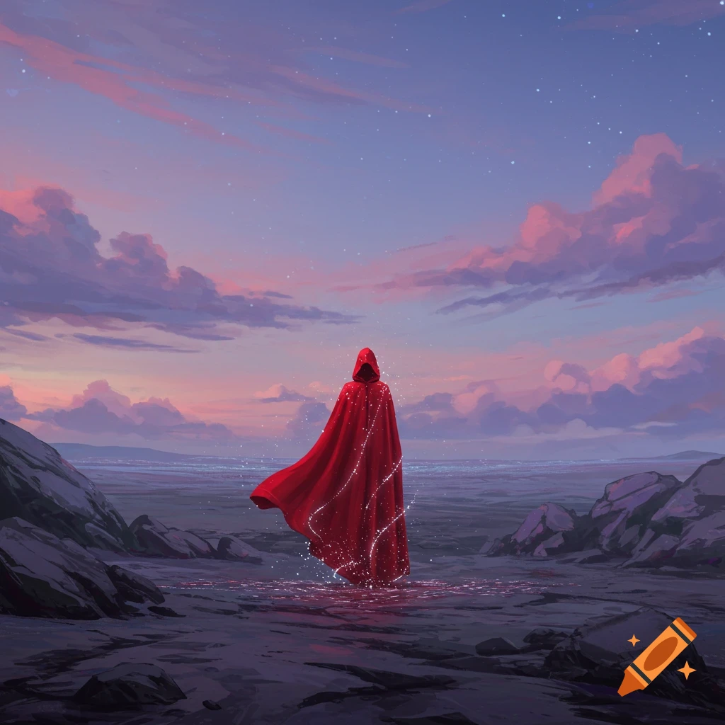 A red cloaked figure stands on a dark, rocky landscape with glowing particles, under a vibrant pink and purple sunset sky with stars.