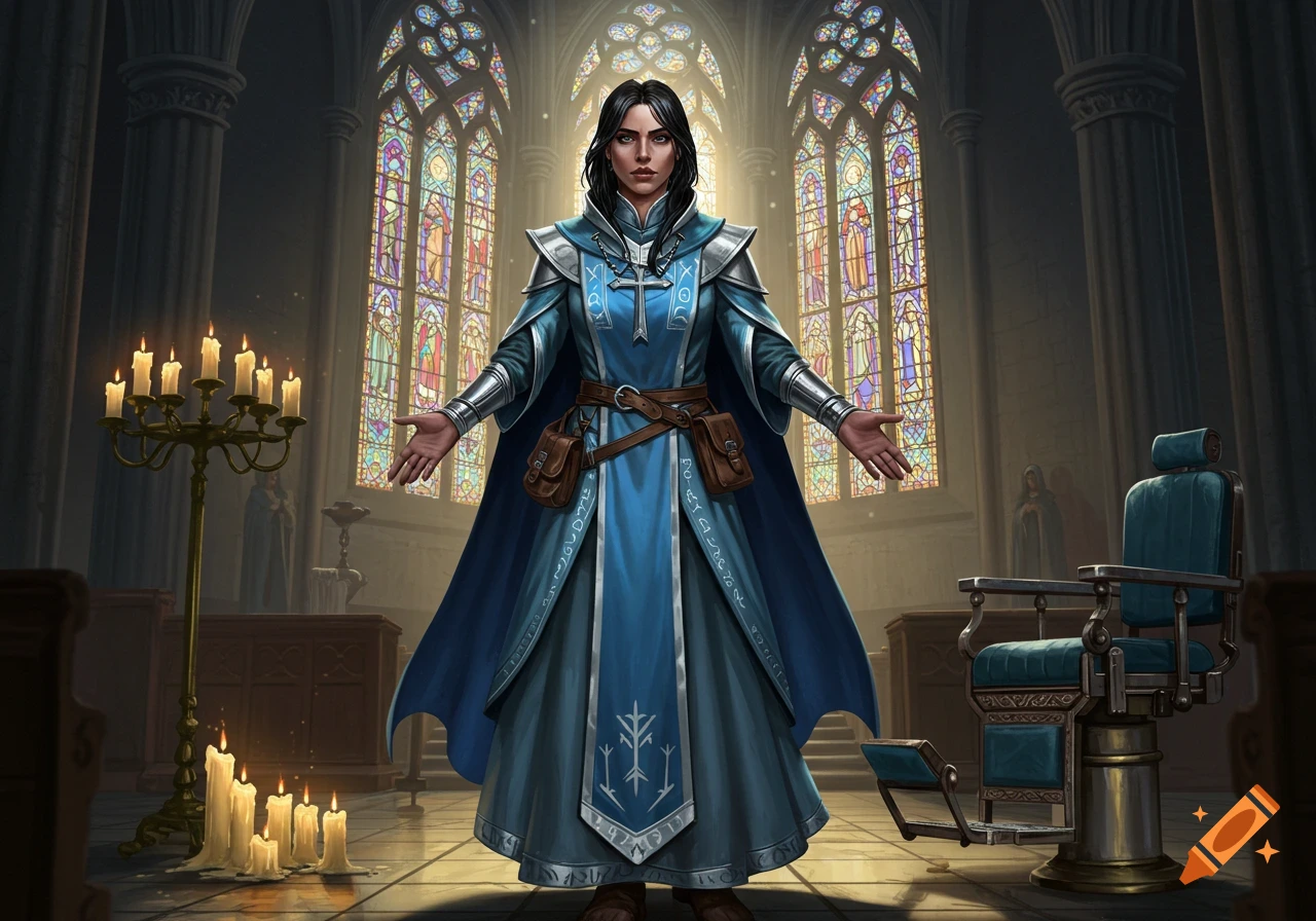 A female cleric in a blue and silver robe stands in a grand cathedral with stained glass windows, hands outstretched. Candles burn on candelabras.