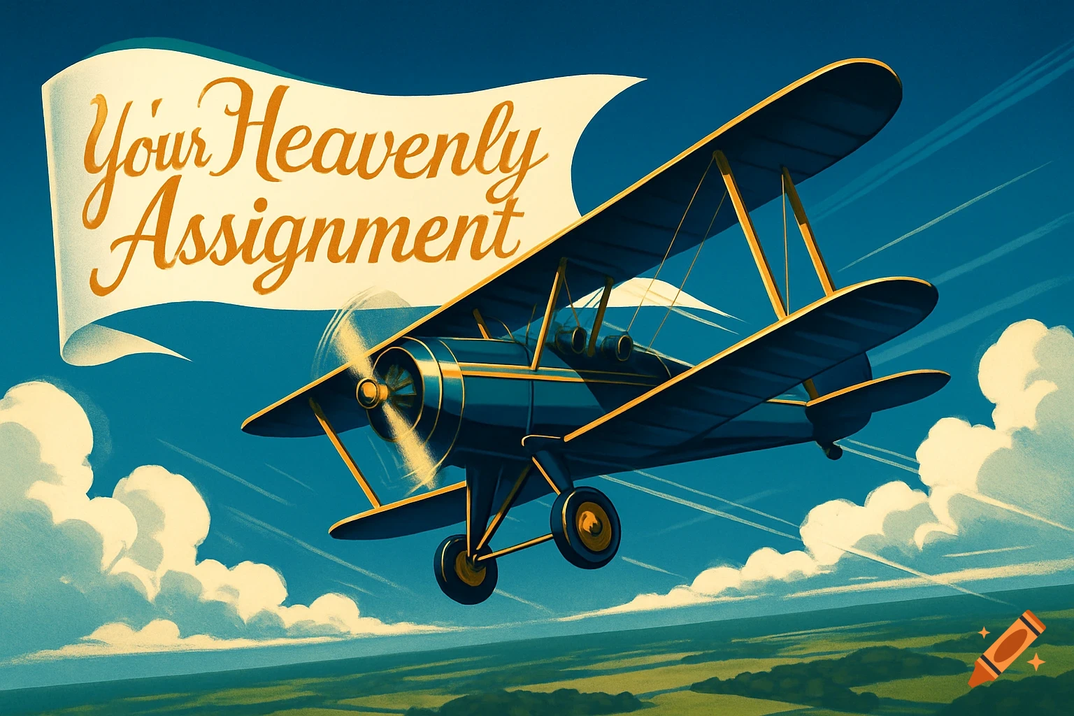 A retro-style illustration of a blue biplane flying in a bright sky, pulling a white banner that reads 'Your Heavenly Assignment'.
