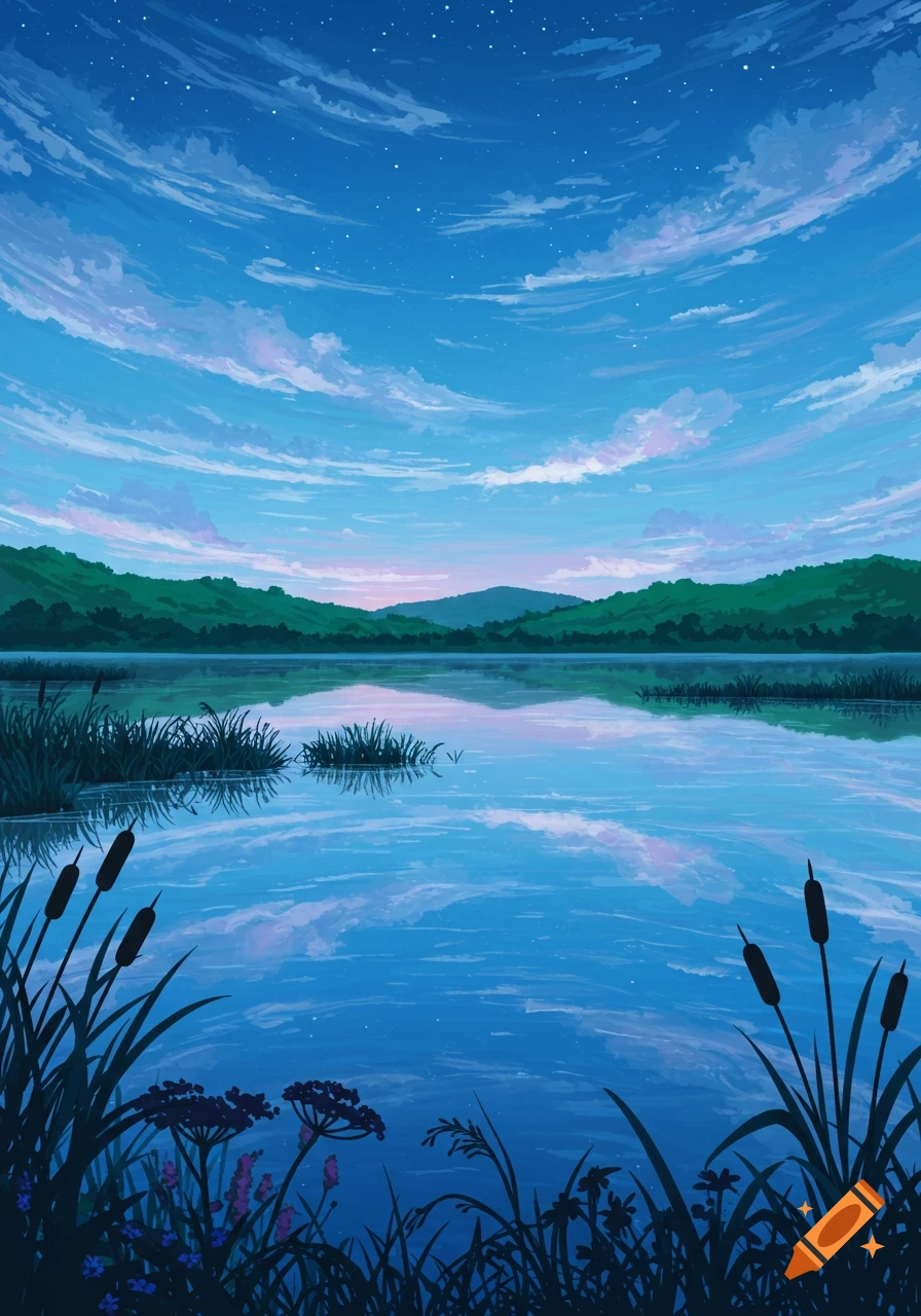 An anime-style illustration of a calm lake reflecting a blue sky with sweeping clouds and stars, surrounded by dark green hills and foreground plants.