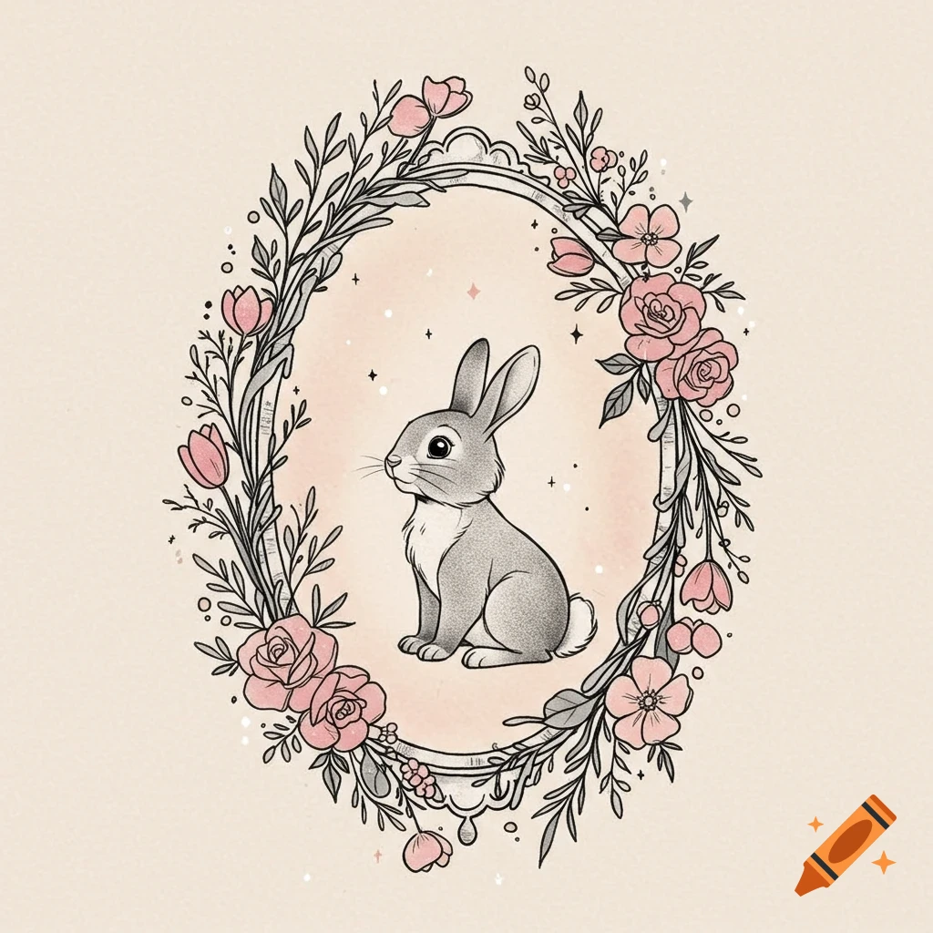 An illustrated bunny sits within an oval frame adorned with pink flowers and green foliage, against a soft watercolor background.
